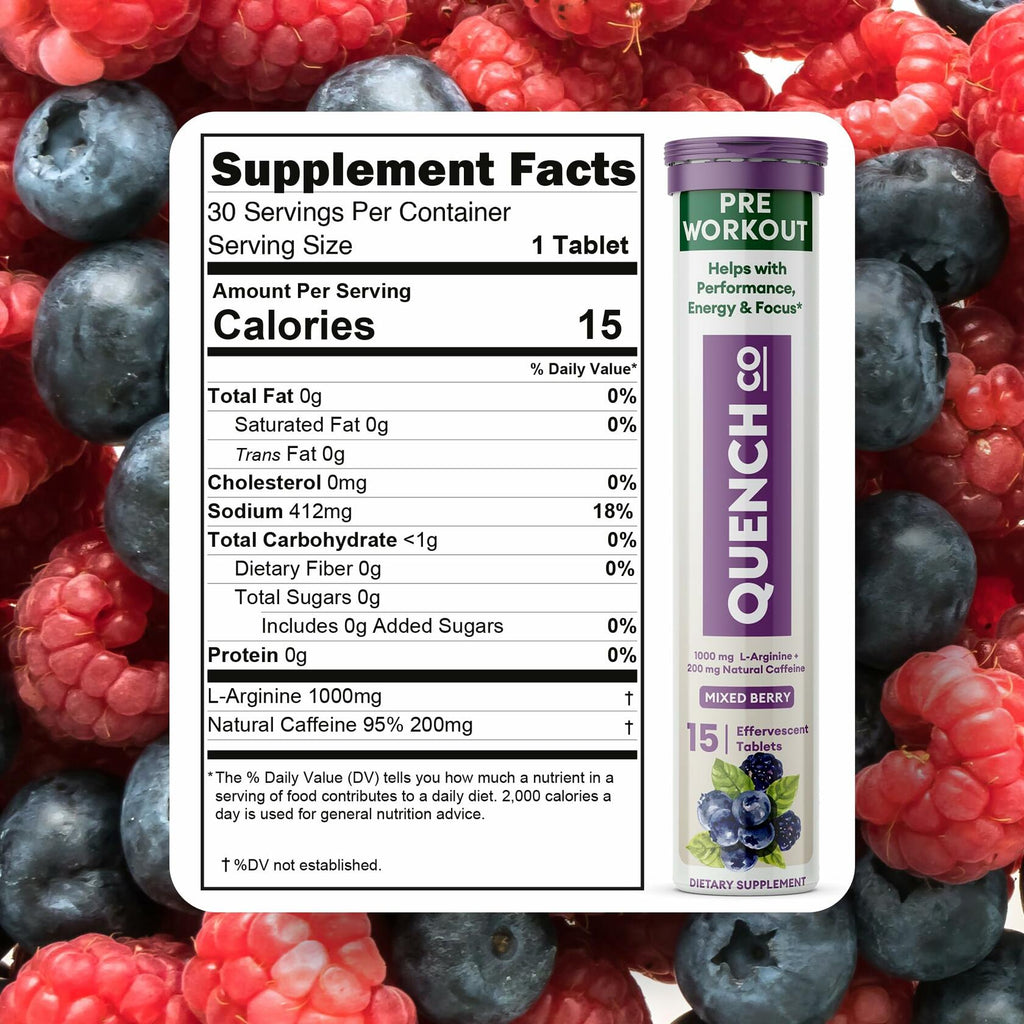 Quench Pre Workout Effervescent Tablets Vegan Keto 60 Count Mixed Berry