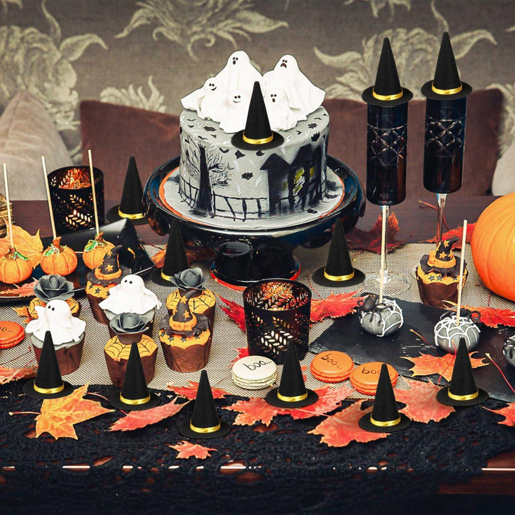 BESTOYARD 48 Pcs Halloween Mini Witch Hats Black Felt Party Favors Decor