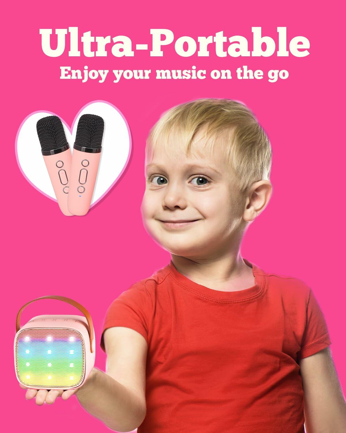VERKB Kids Karaoke Machine Bluetooth Speaker 2 Wireless Mics Pink