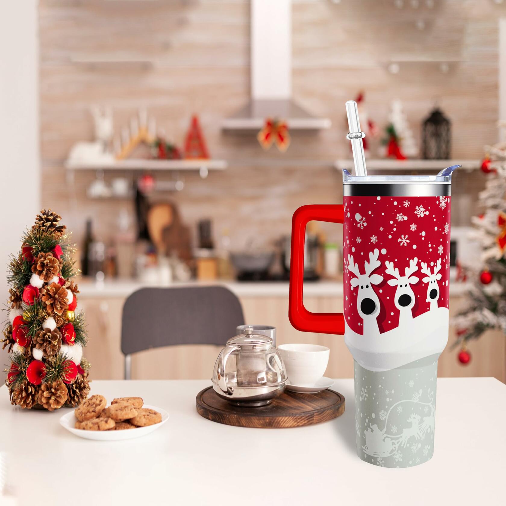 aiwkjdns 40oz Stainless Steel Merry Christmas Tumbler Handle Straw Red Snowman