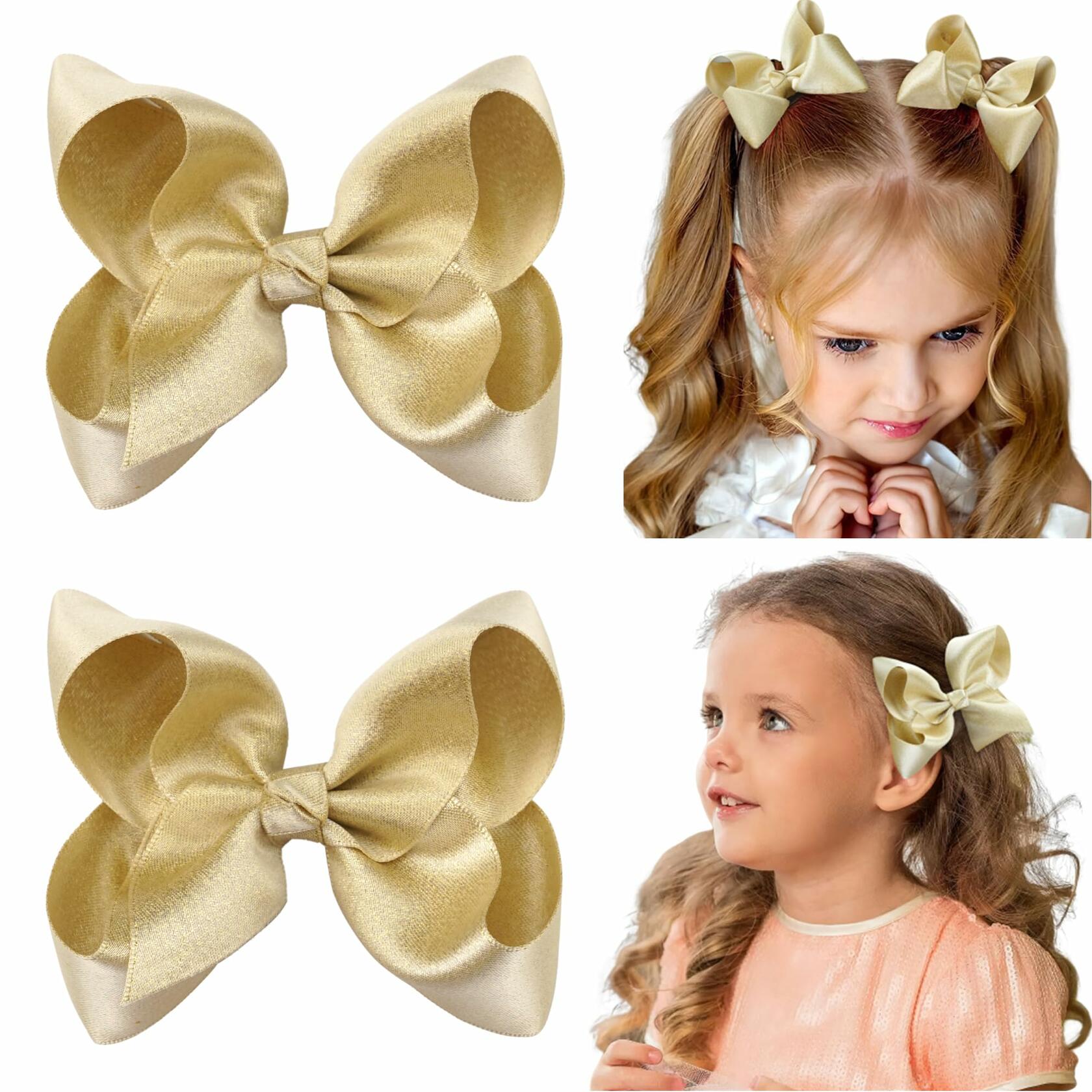 CÉLLOT 4.5" Shining Gold Hair Bows Alligator Clips 2 Pack