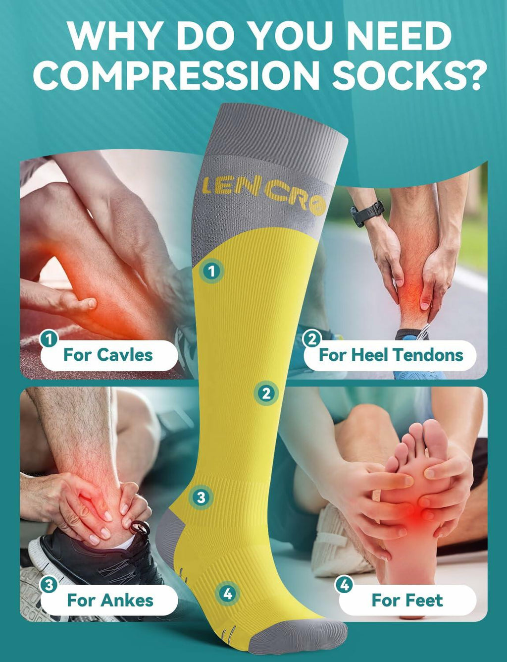 Azalencro Compression Socks Knee High 20-30 mmHg Yellow 2 Pairs Size M