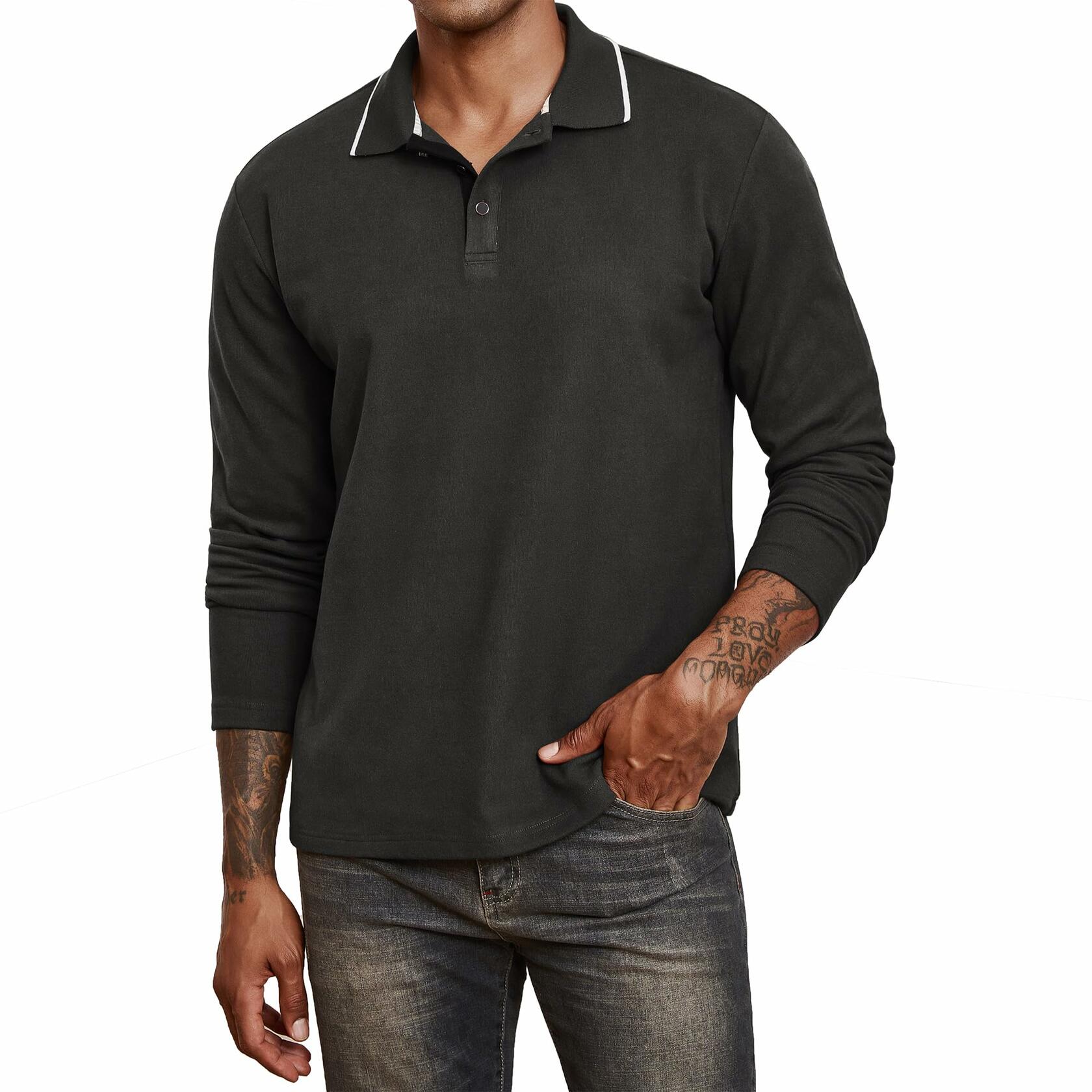 Thkzn Men’s Fleece Lined Polo Shirt Long Sleeve Button Golf Casual Black 2XL