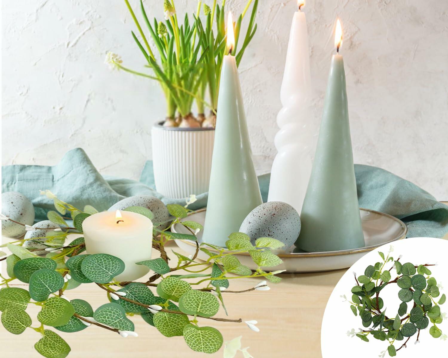 CARMELIT Easter Candle Ring Wreaths 15x15cm Artificial Eucalyptus Green 2 Pcs