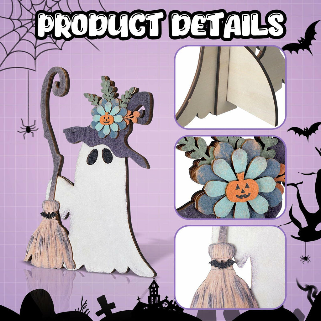 Yousoontic Wooden Halloween Ghost Witch Tabletop Decor 11x7.9in Black White