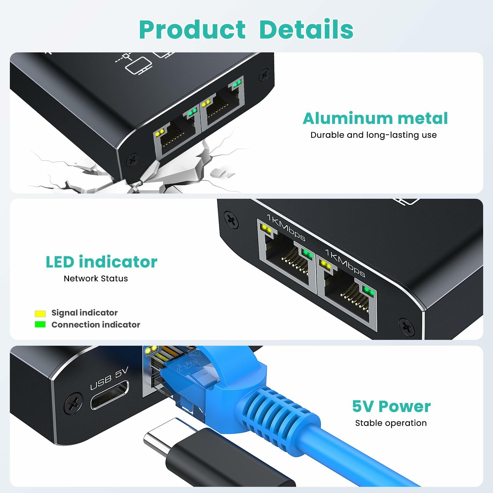 HRSDEIE Ethernet Splitter 1-to-2 Gigabit RJ45 1000Mbps Network LAN Adapter