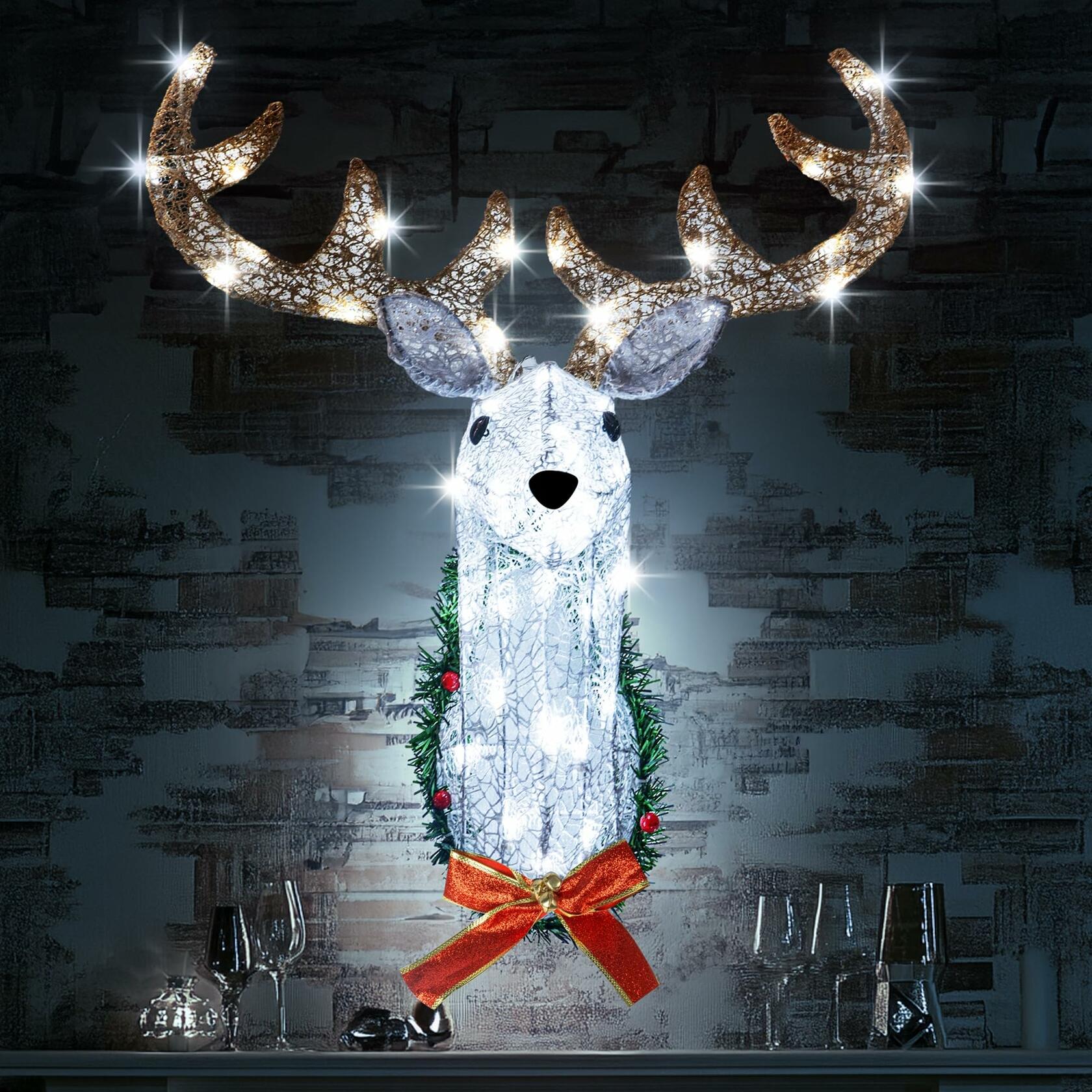 Hourleey 32" Lighted Christmas Reindeer Head Wall Decor Battery Operated White