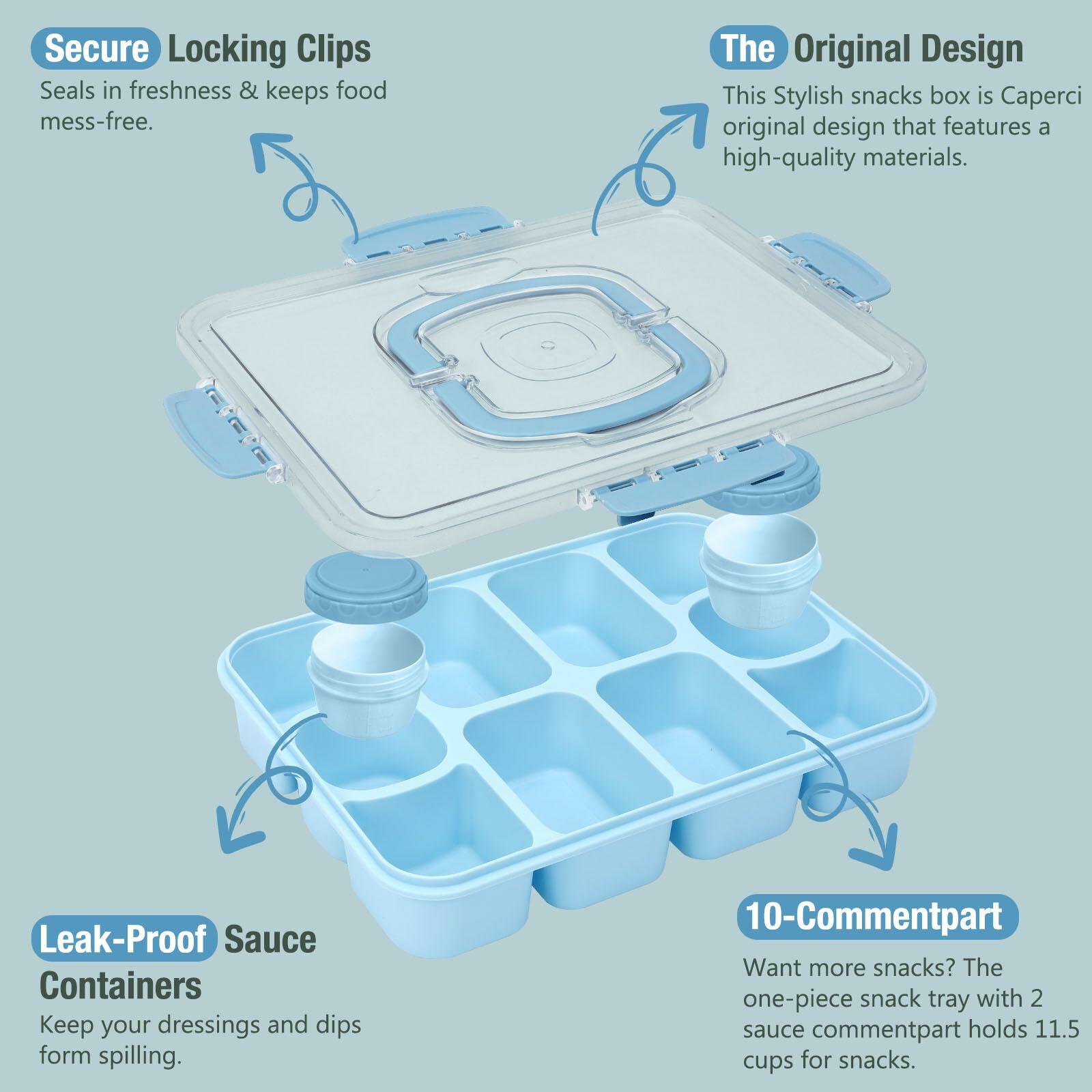 Caperci Snackle Box 10-Compartment Tray with Lid Handle Sky Blue BPA-Free