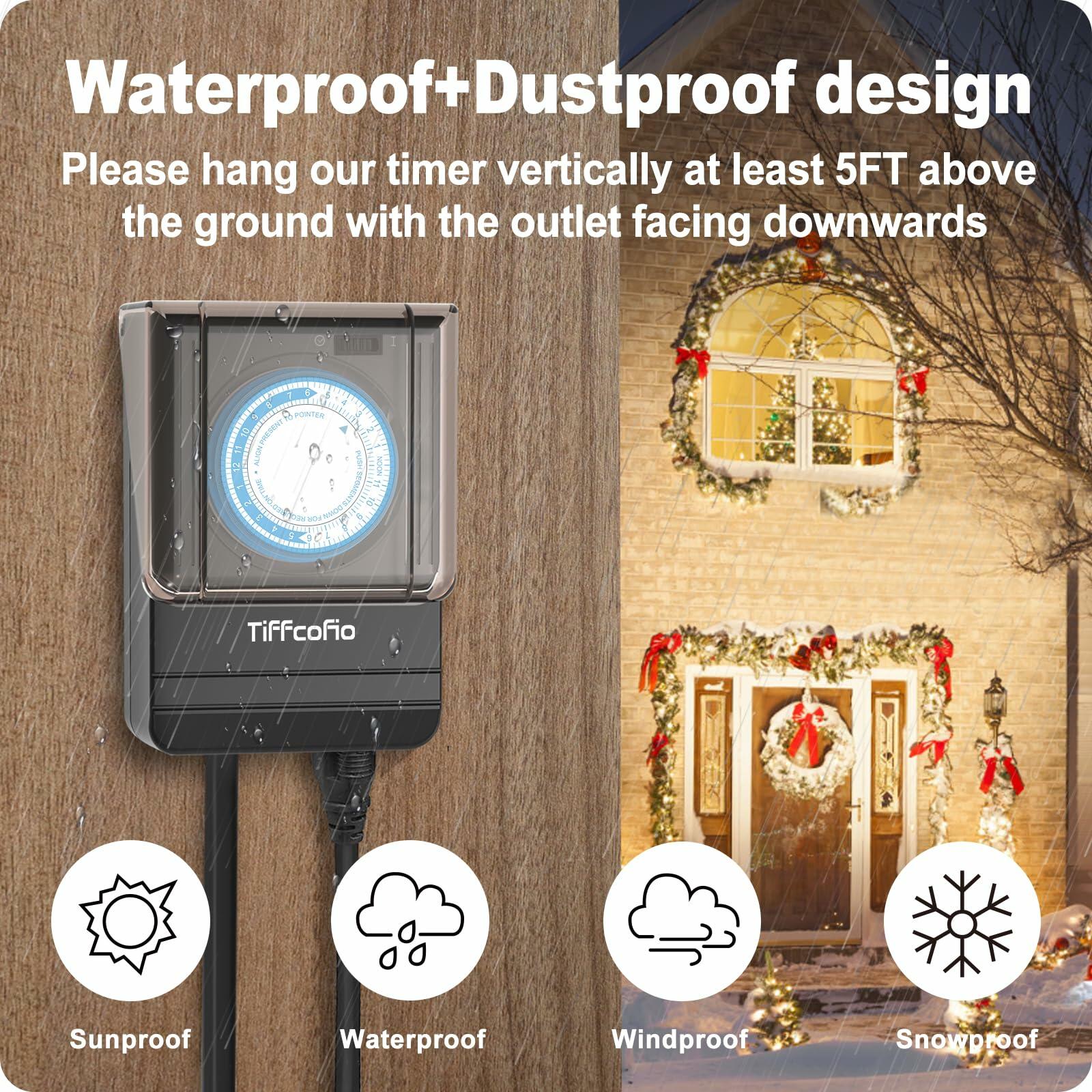 TiFFCOFiO Outdoor Waterproof Timer 24H Mechanical 2 Outlets 15A Heavy Duty