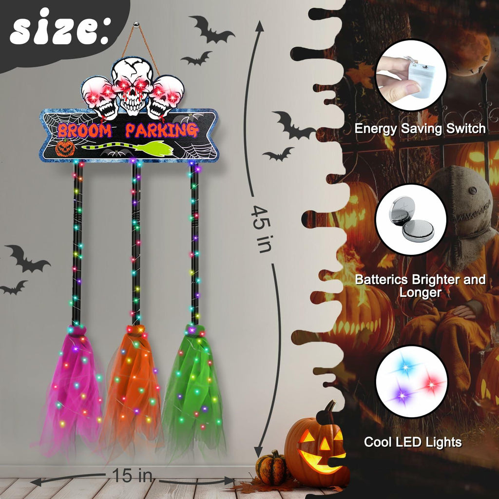 Tiaxidex Lighted Halloween Witch Broom Parking Sign Porch Door Decor