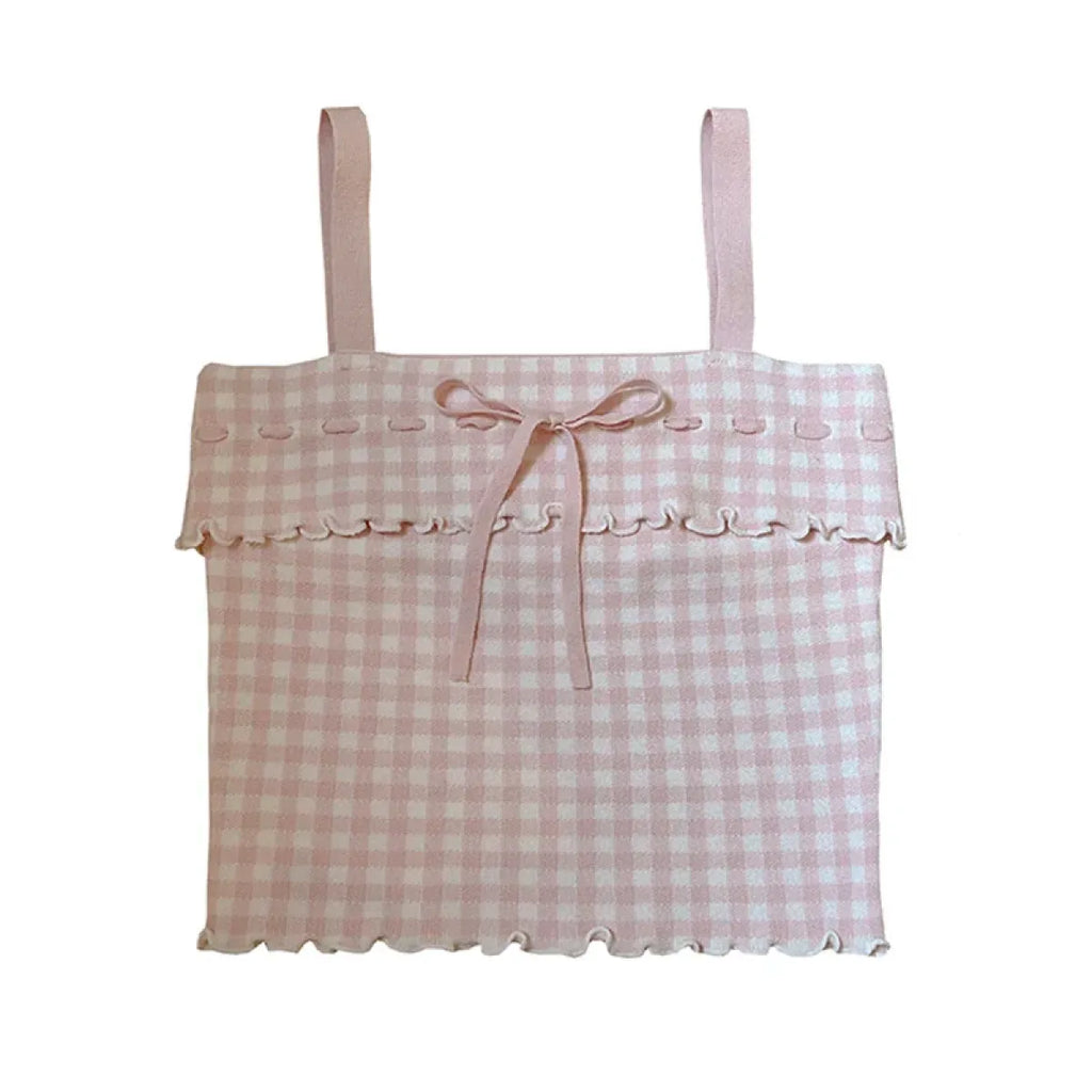 Pink Sweet Plaid Ribbon Crop Top
