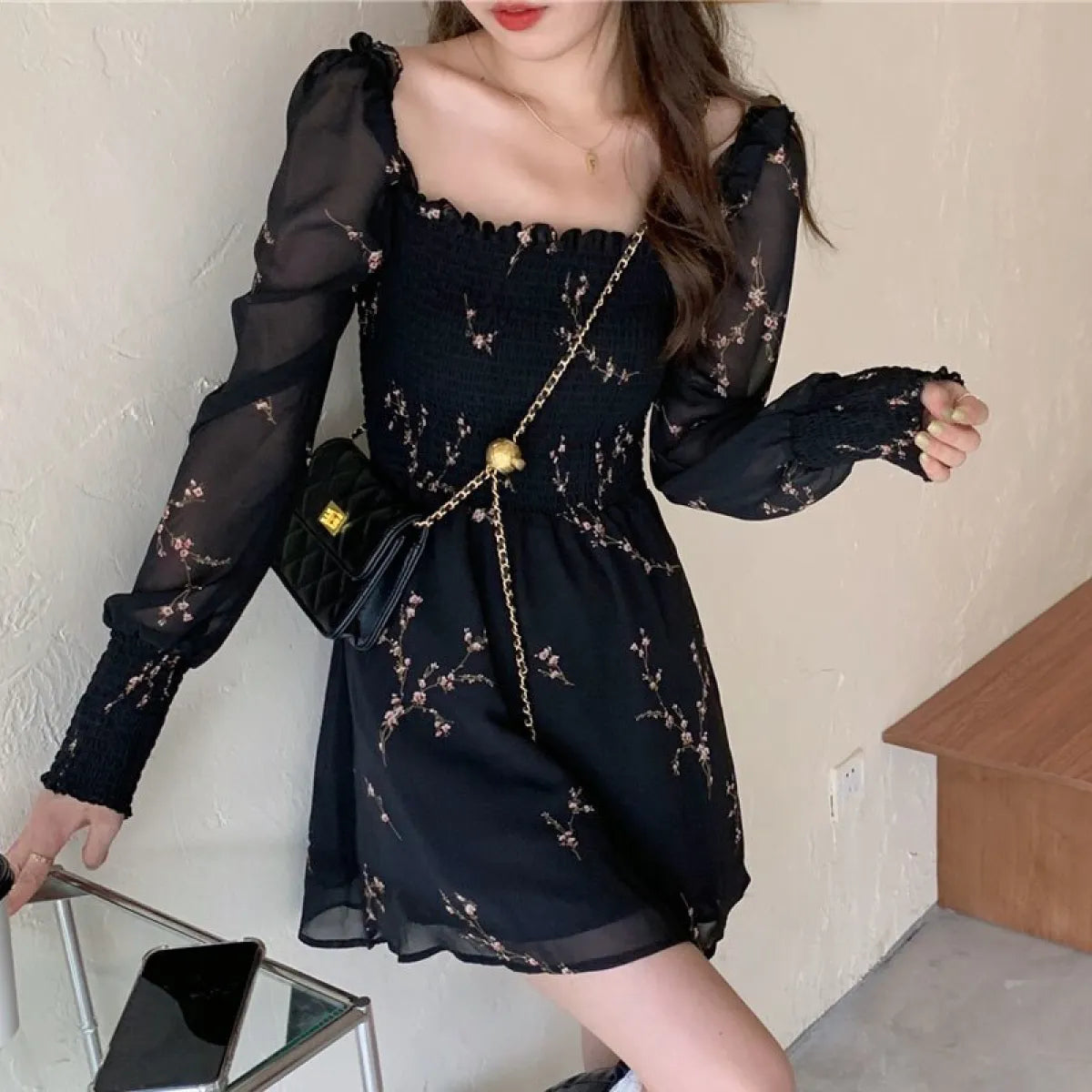 Vintage Flower Puff Sleeve Dress