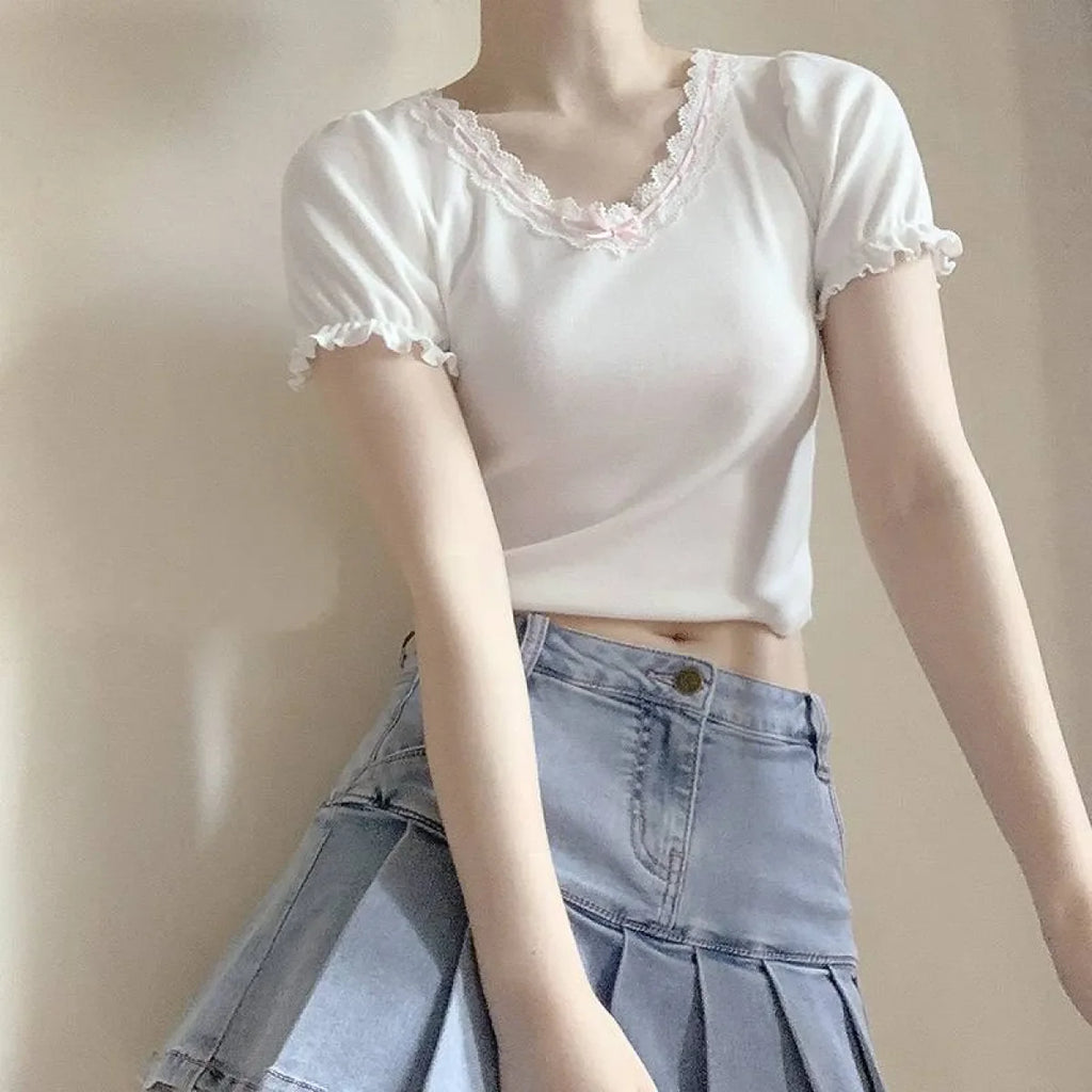 Ribbon Lace Trim Puff Sleeve T-Shirt