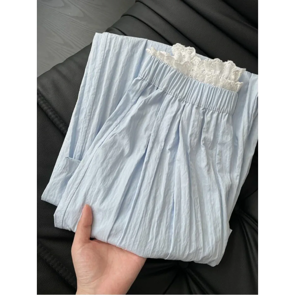 Lace Trim Wide Leg Pants – Retro Y2K Harajuku Casual Trousers