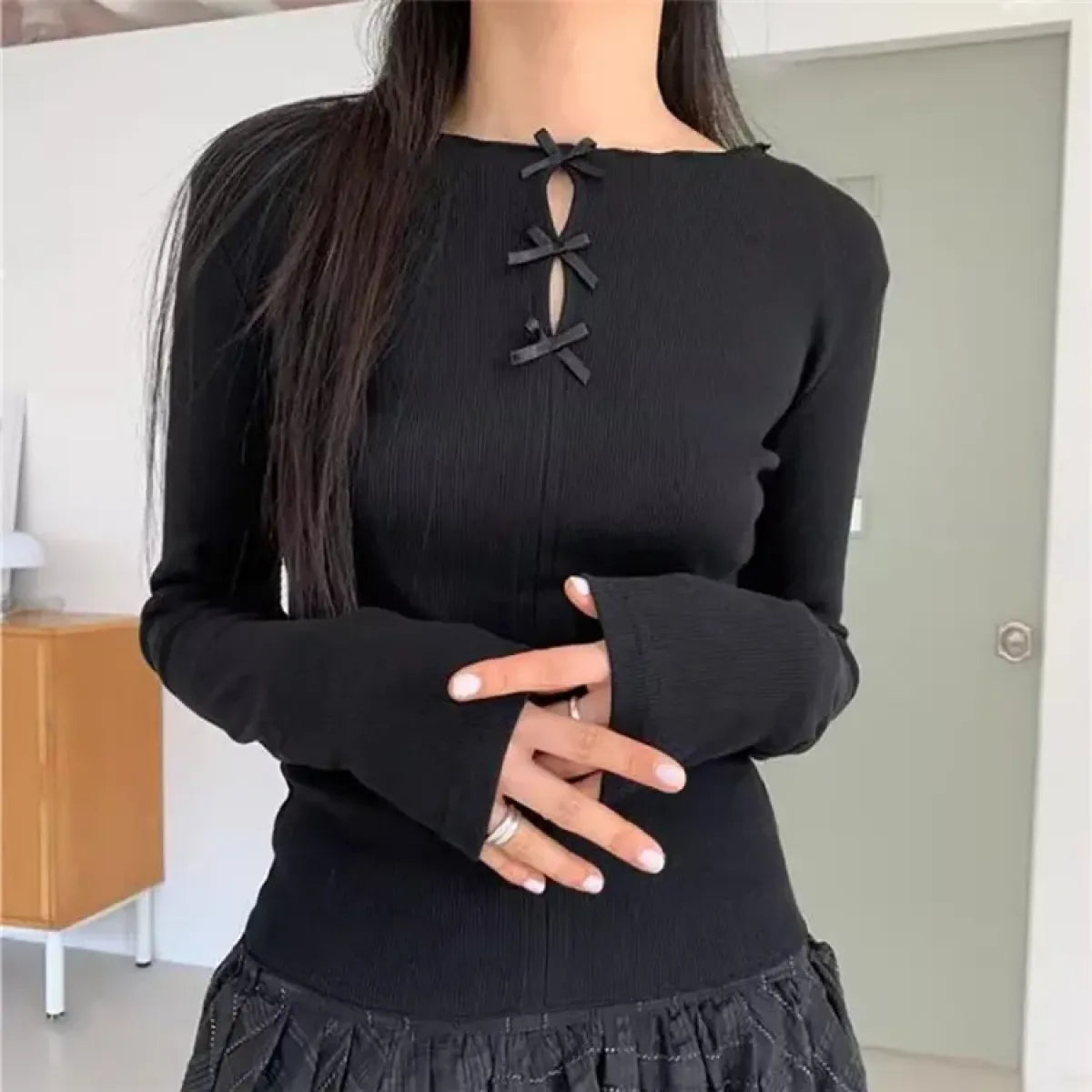 Ribbed Bow Tie Knit Top – Y2K E-Girl Slim Fit Long Sleeve Tee