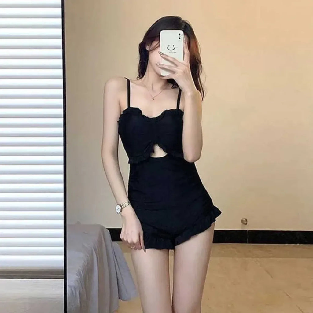 Ruffle Bow One-Piece Swimsuit – Korean Hollow Out Shorts Style