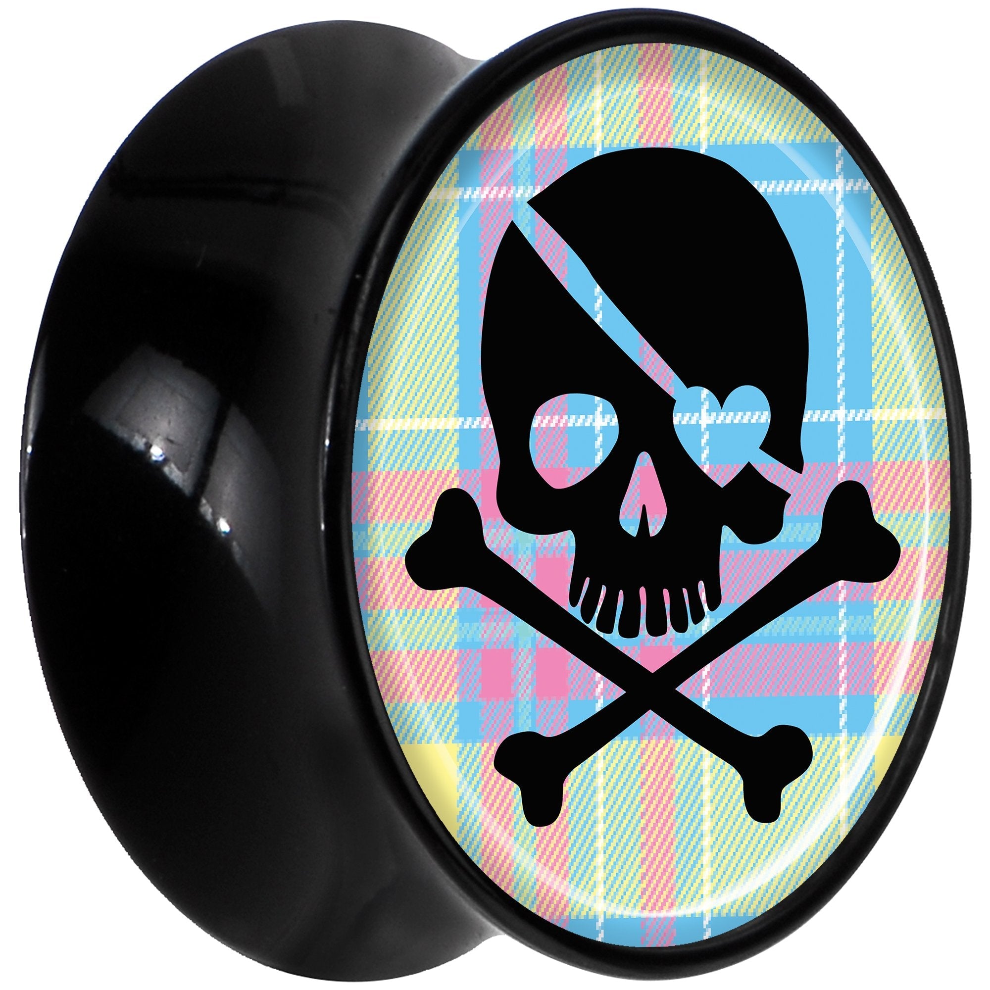 Black Acrylic Pink Green Plaid Heart Skull Saddle Plug Set 9/16