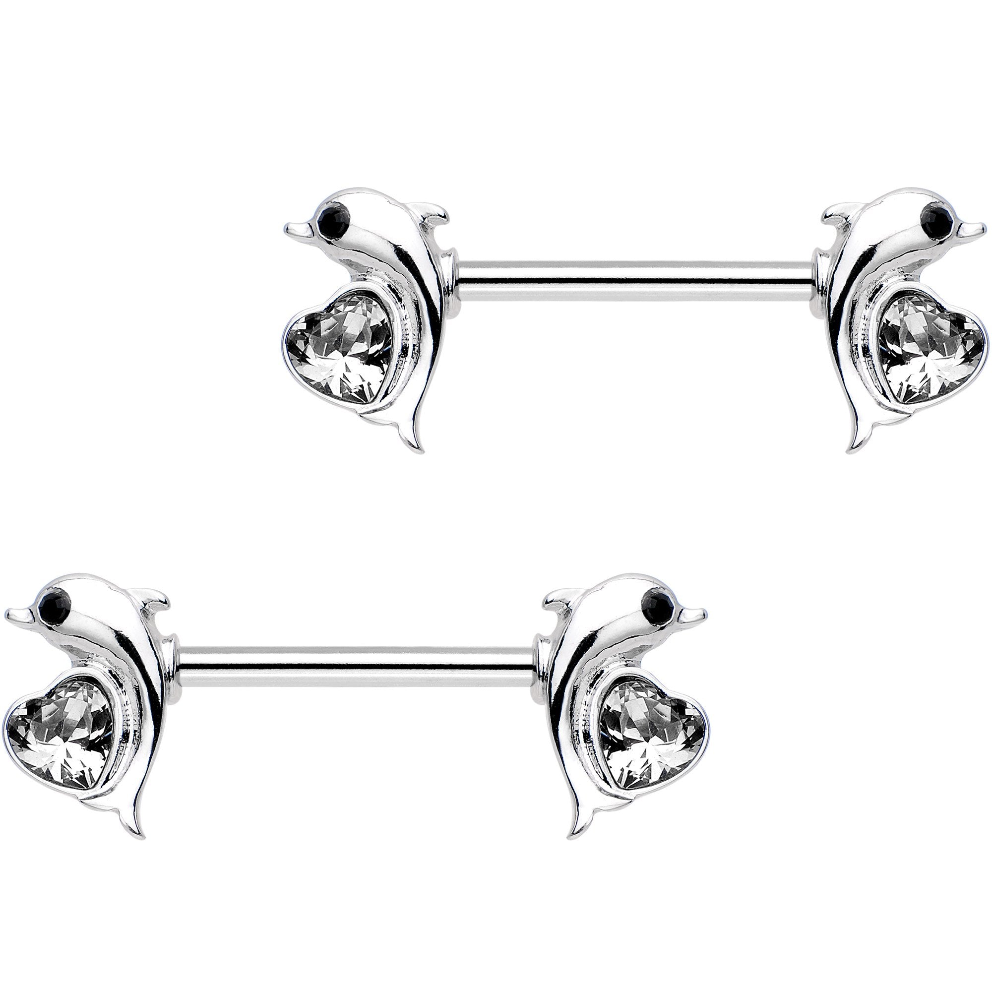 9/16 Clear Gem I Heart Dolphins Barbell Nipple Ring Set