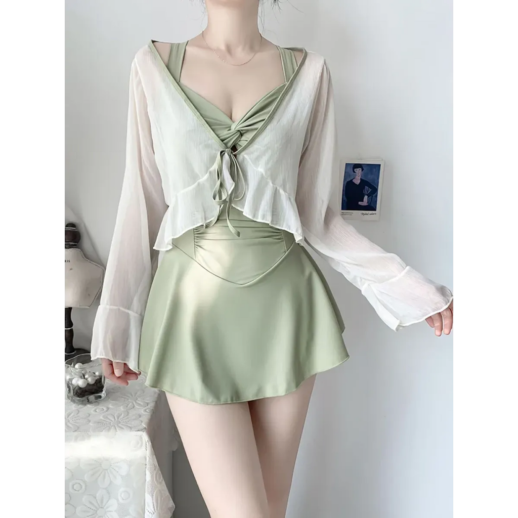 Pleated Cutout Swimsuit Dress – Korean Sexy Summer 2025 Swimwear