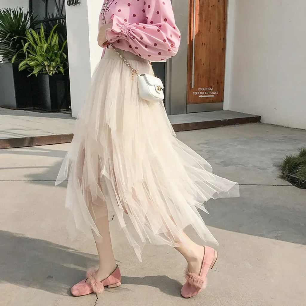Tulle Midi Skirt for Women - Harajuku High Waist Fashion Summer Tutu