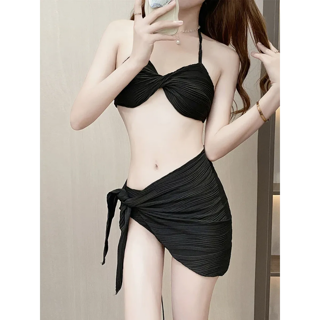 Pleated Bikini Set – Halter Top with Wrap Skirt Cover-Up