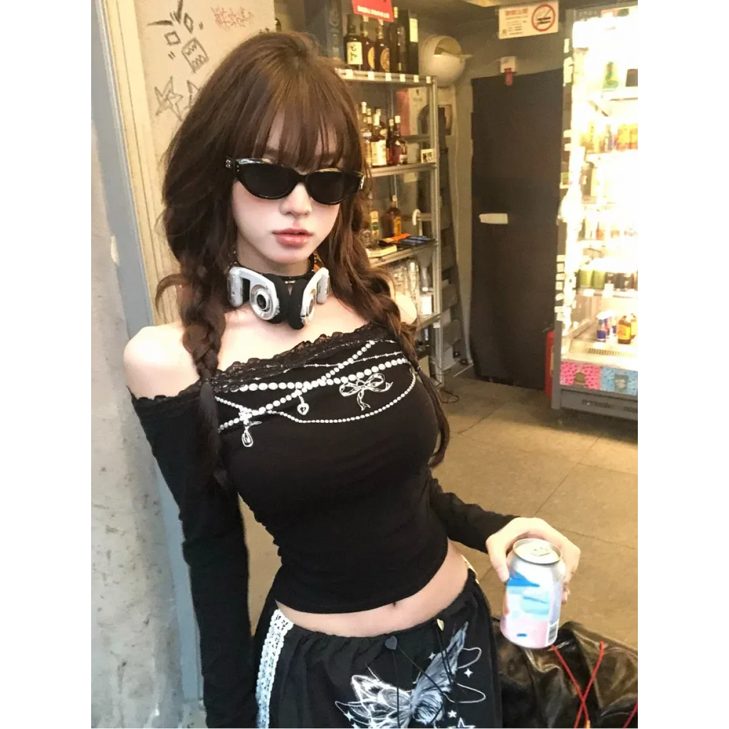 Lace Off-Shoulder Top – Y2K Harajuku E-Girl Aesthetic