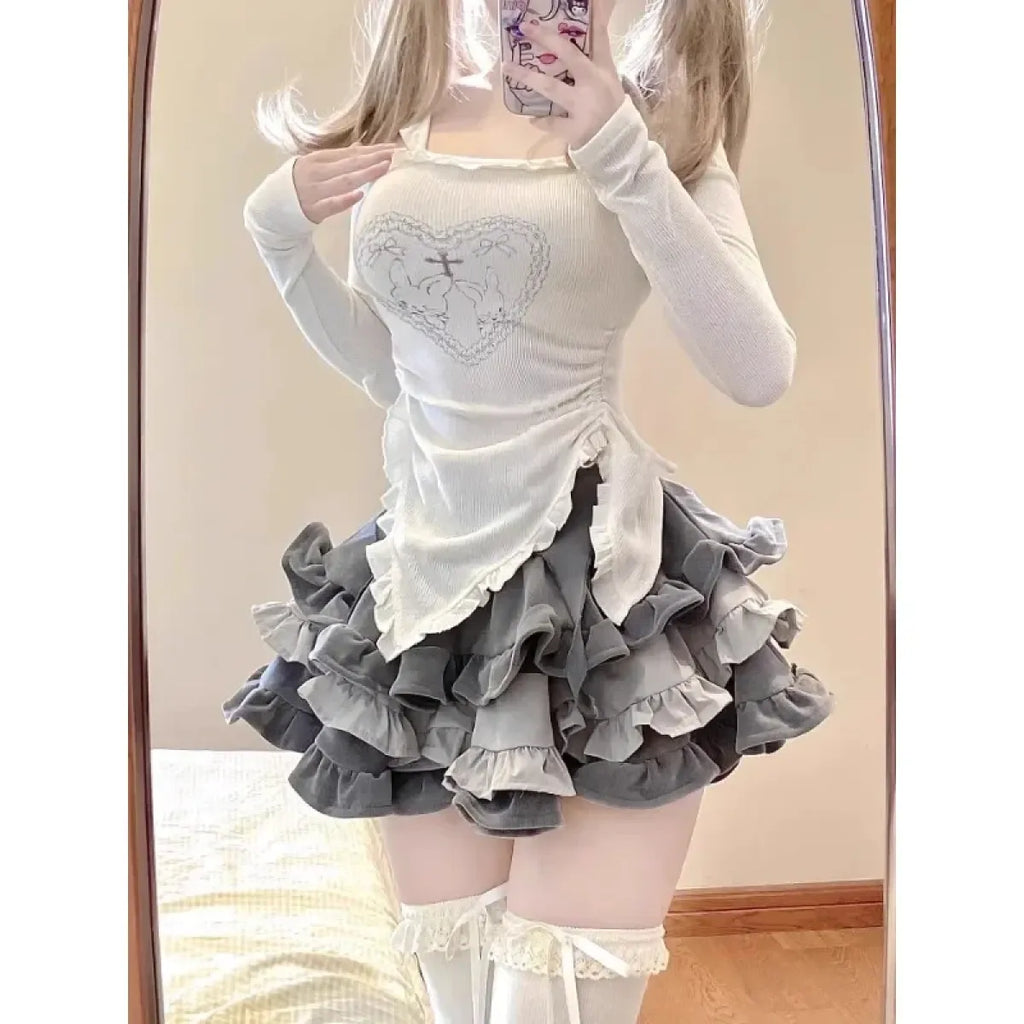 Y2K Kawaii Harajuku Two-Piece Set – Ruffle Skirt & Long Sleeve Top