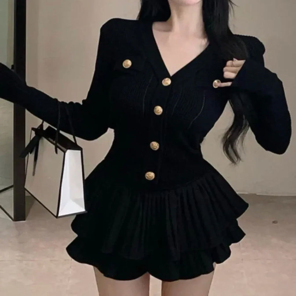 Y2K Kawaii Knitted Two-Piece Set – Elegant Mini Skirt Suit