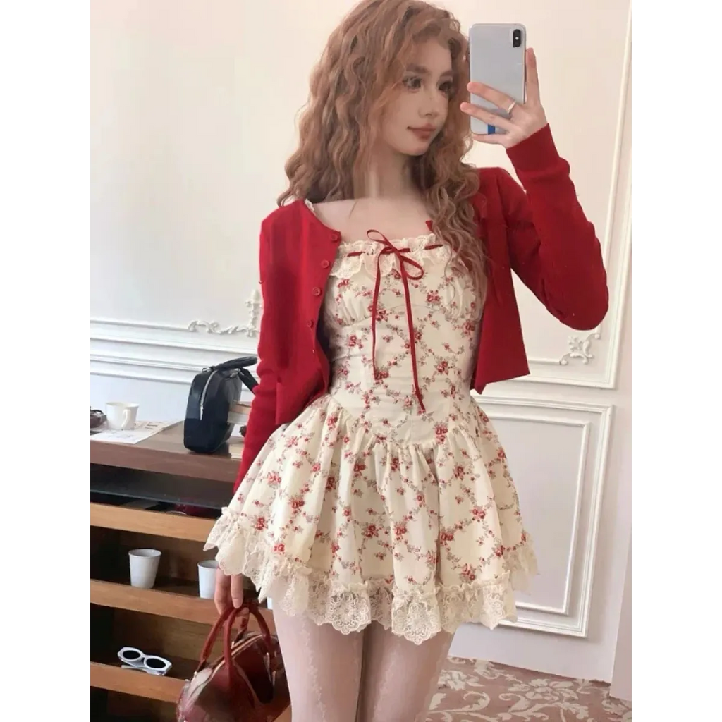 Sweet Lolita Floral Lace Mini Dress Set – Y2K Red Cardigan Suit