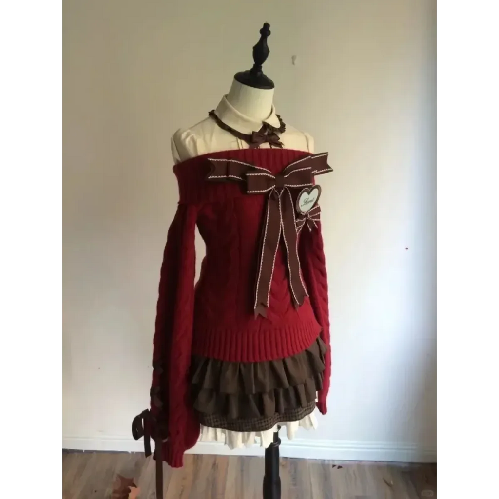 Y2K Off Shoulder Bow Sweater & Ruched Skirt Set – Autumn Knit