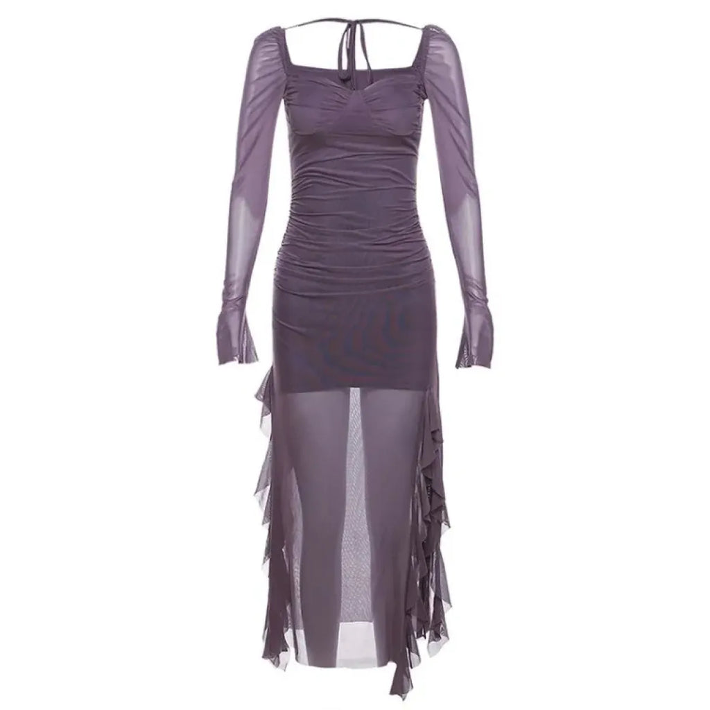 Sheer Mesh Ruffle Dress – Y2K Slim Fit High Slit Aesthetic