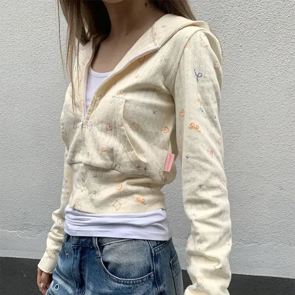 Sweet Floral Y2K Grunge Hoodie – Slim Fit Zipper Cardigan Jacket