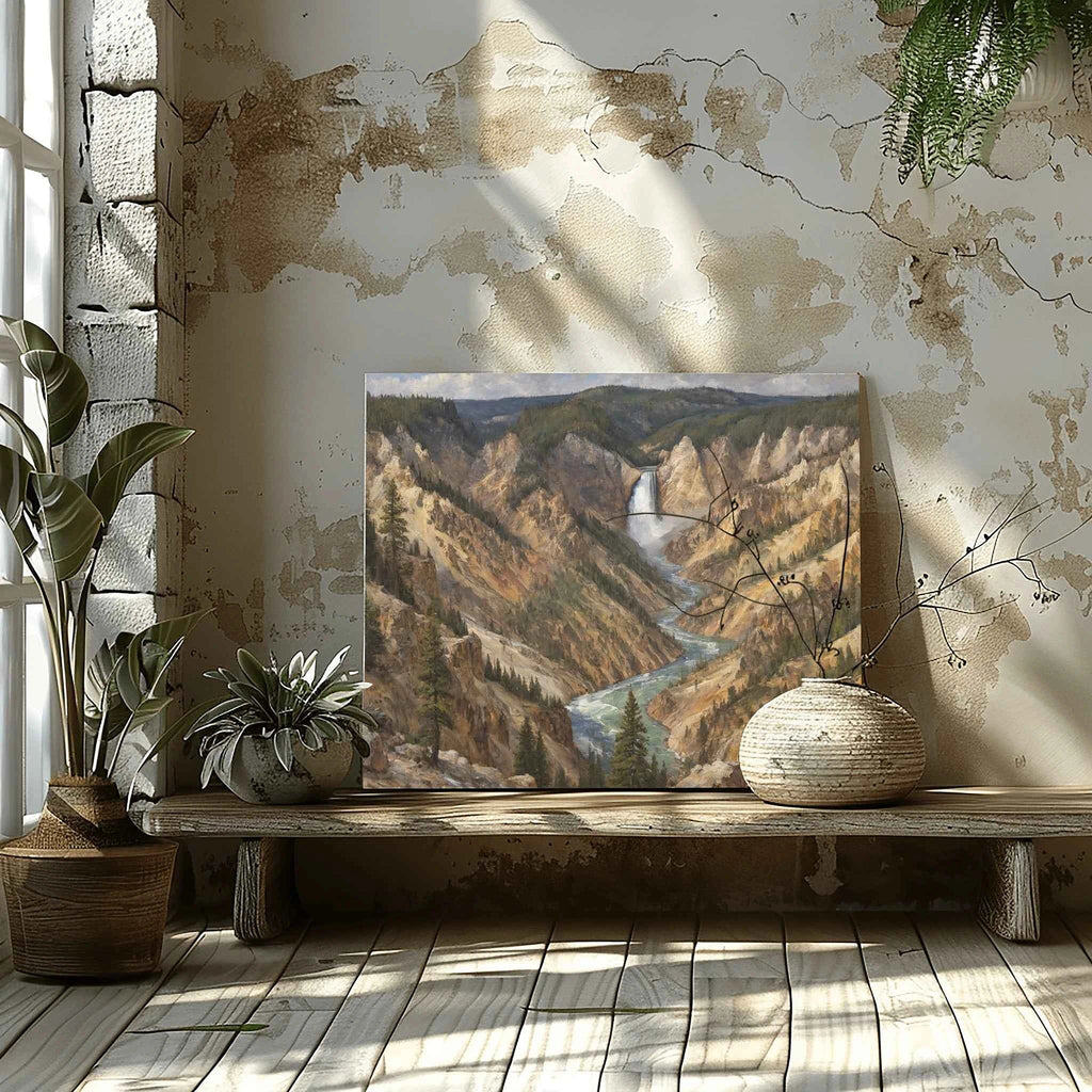 Yellowstone Grand Canyon: Lower Falls & Golden Cliffs Oil Painting Canvas Art
