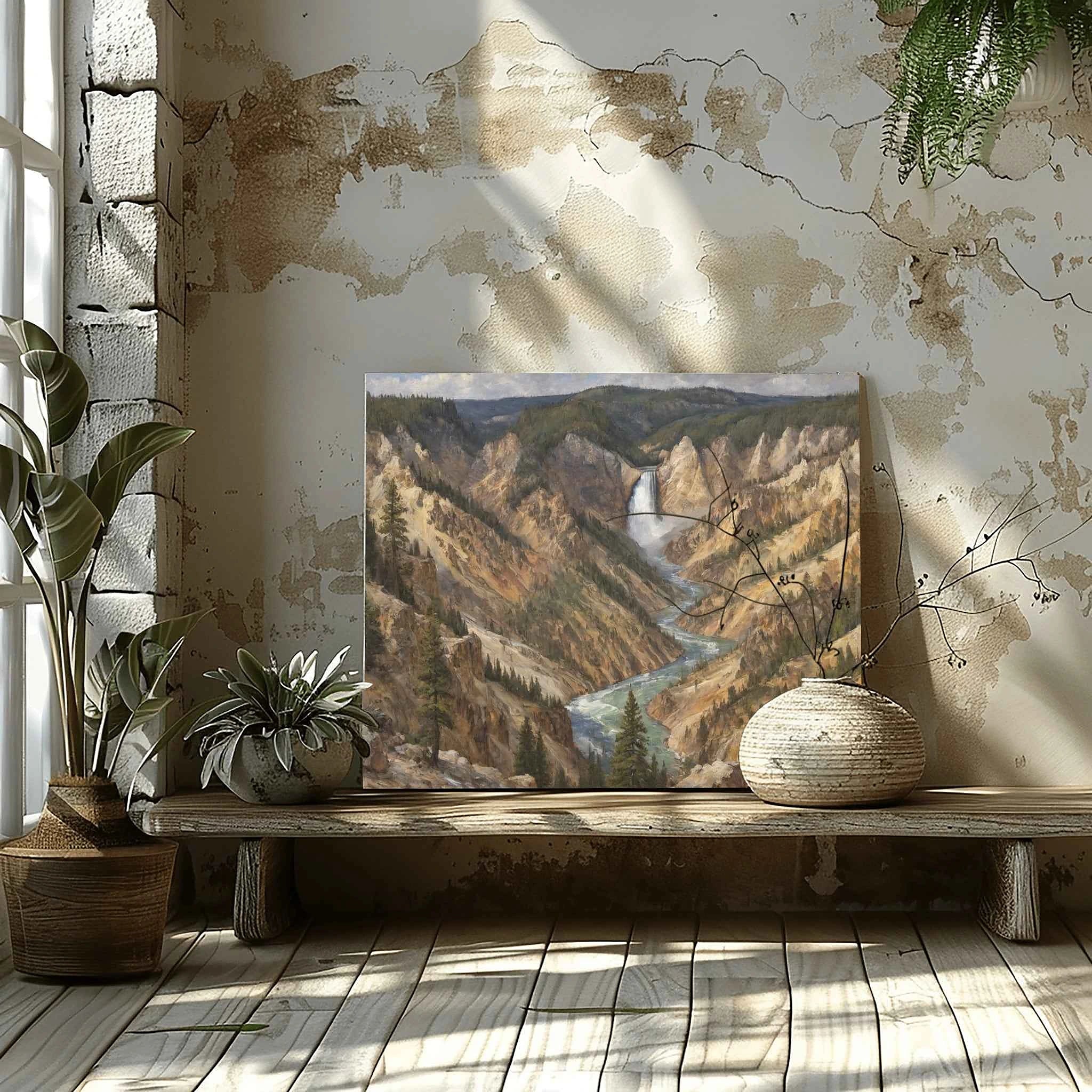 Yellowstone Grand Canyon: Lower Falls & Golden Cliffs Oil Painting Canvas Art