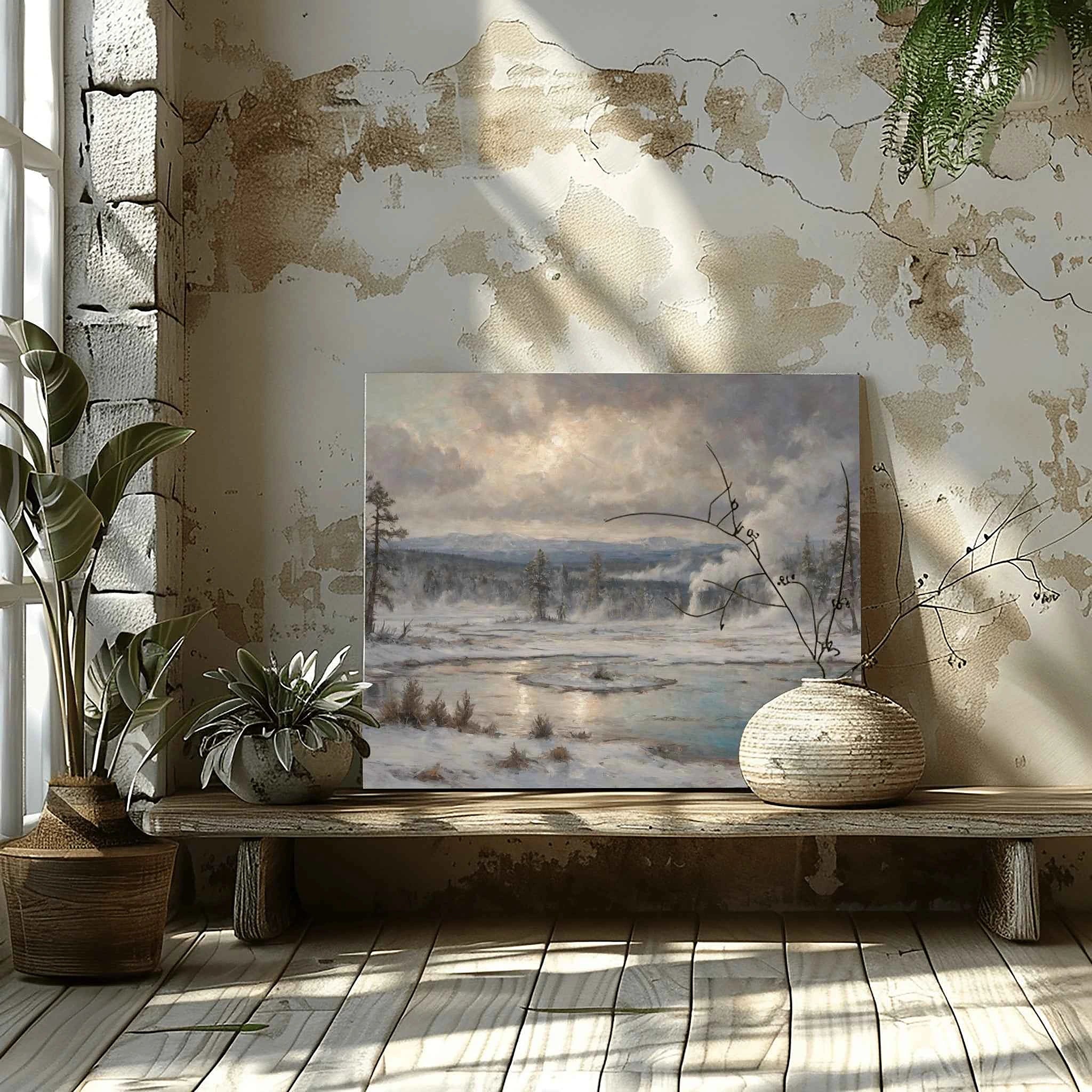 Yellowstone Winter Geysers: Thermal Steam & Frozen Wilderness Oil Painting