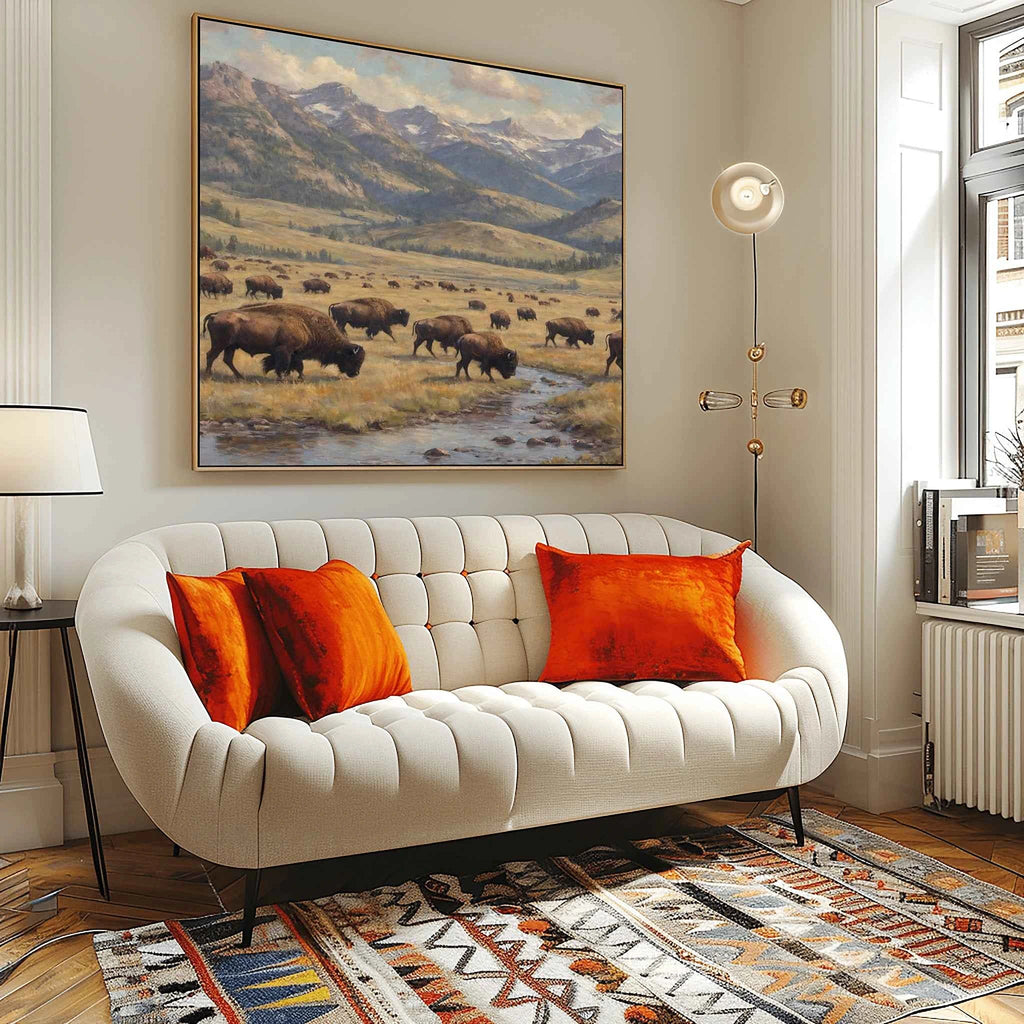 Yellowstone Heritage: Majestic Bison Herd in Lamar Valley Oil Painting
