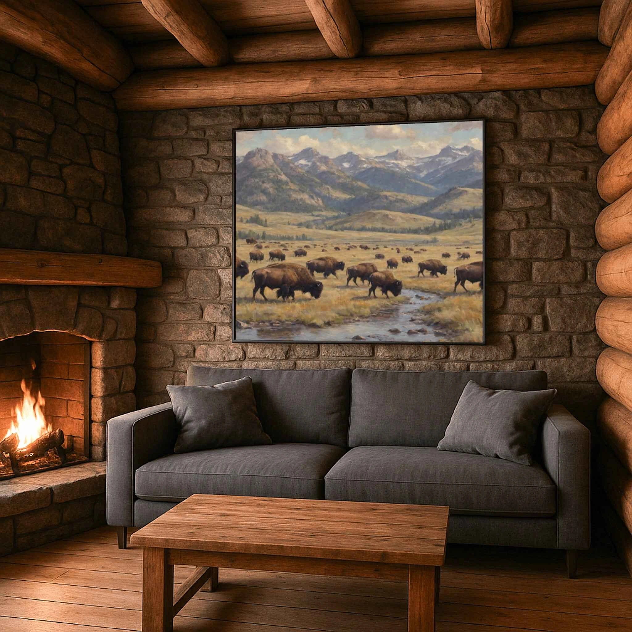 Yellowstone Heritage: Majestic Bison Herd in Lamar Valley Oil Painting