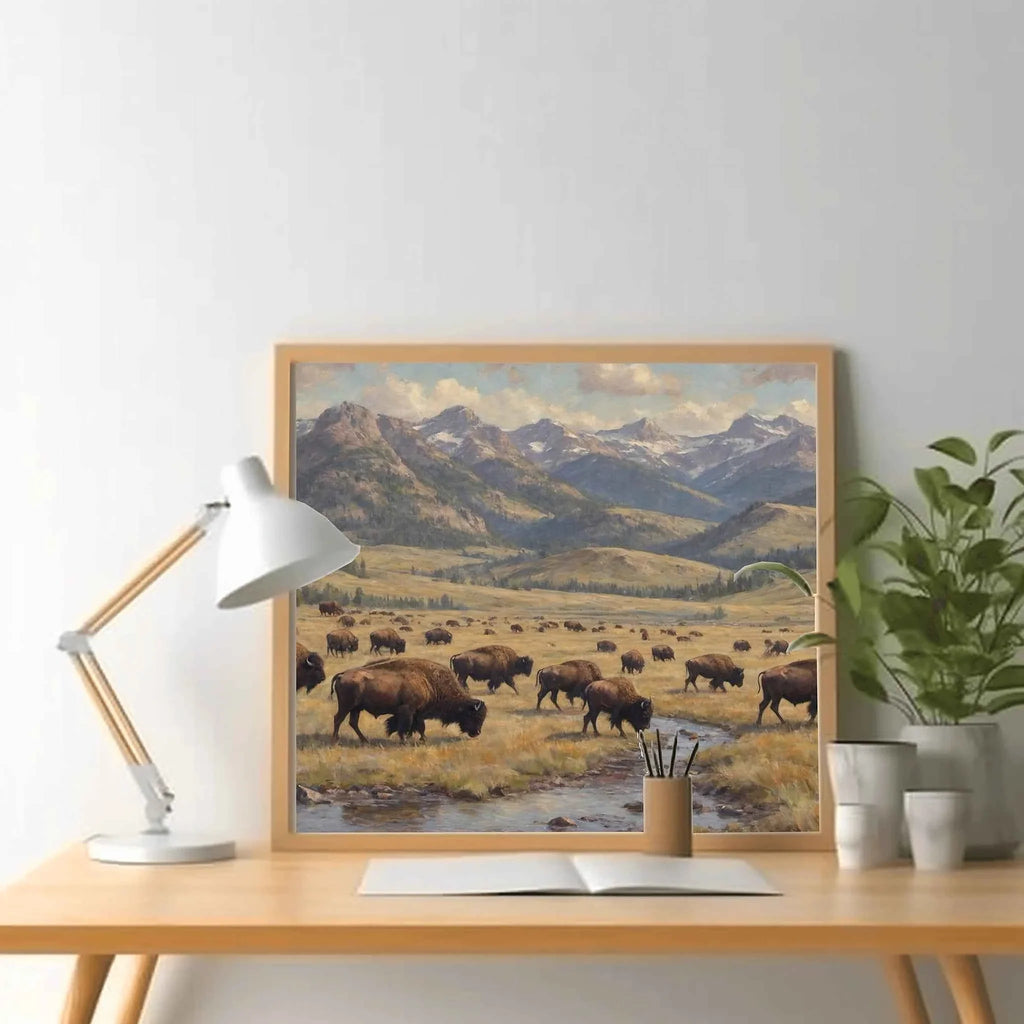 Yellowstone Heritage: Majestic Bison Herd in Lamar Valley Oil Painting