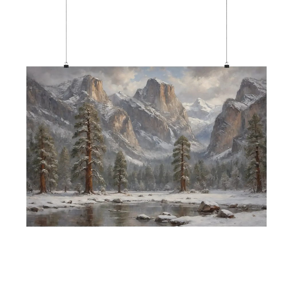 Yosemite Winter Silence: El Capitan & Half Dome Oil Painting Canvas Art