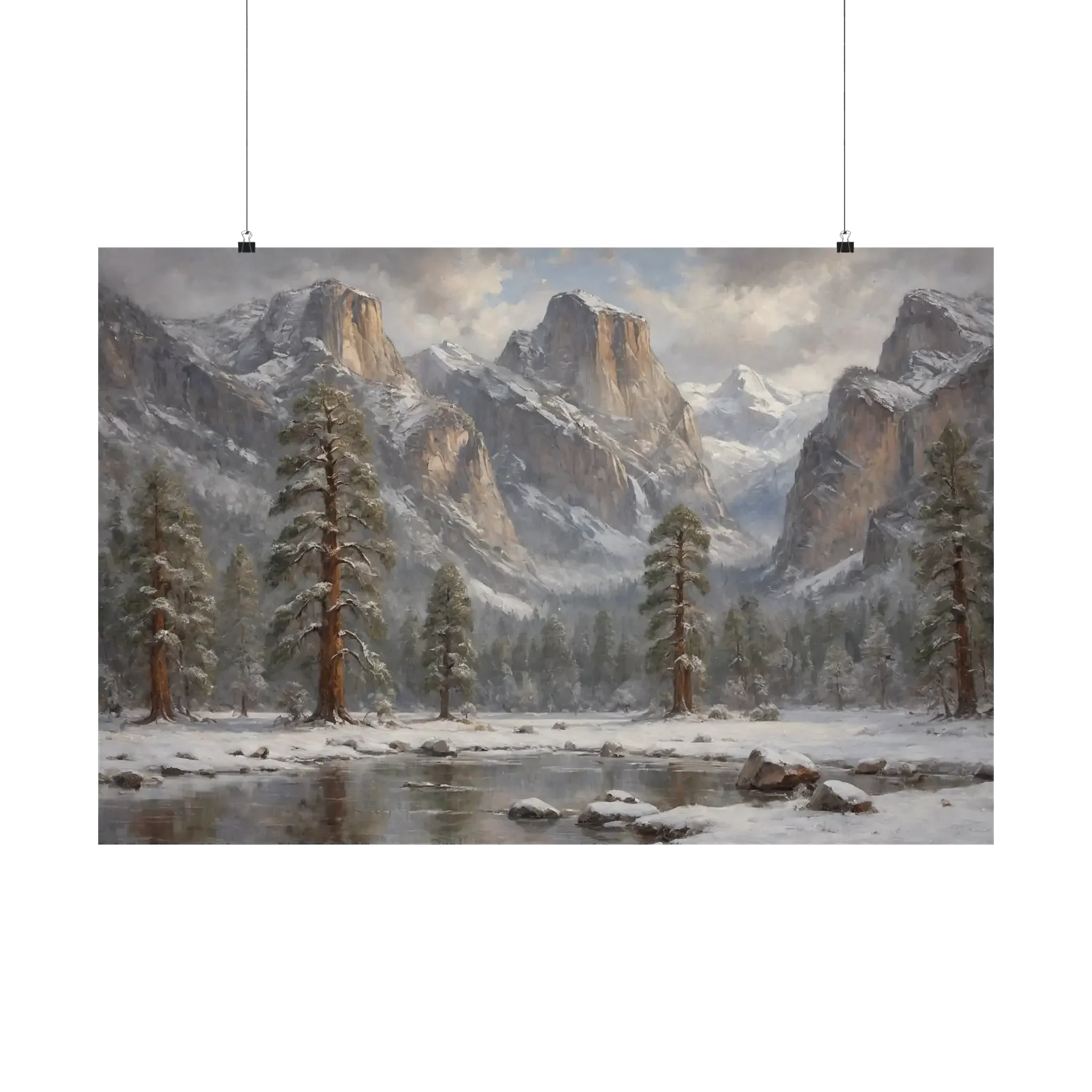 Yosemite Winter Silence: El Capitan & Half Dome Oil Painting Canvas Art